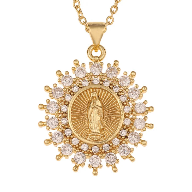 18K Gold Plated Cubic Zirconia Virgin Mary Coin Pendant Necklace - ATSProducts