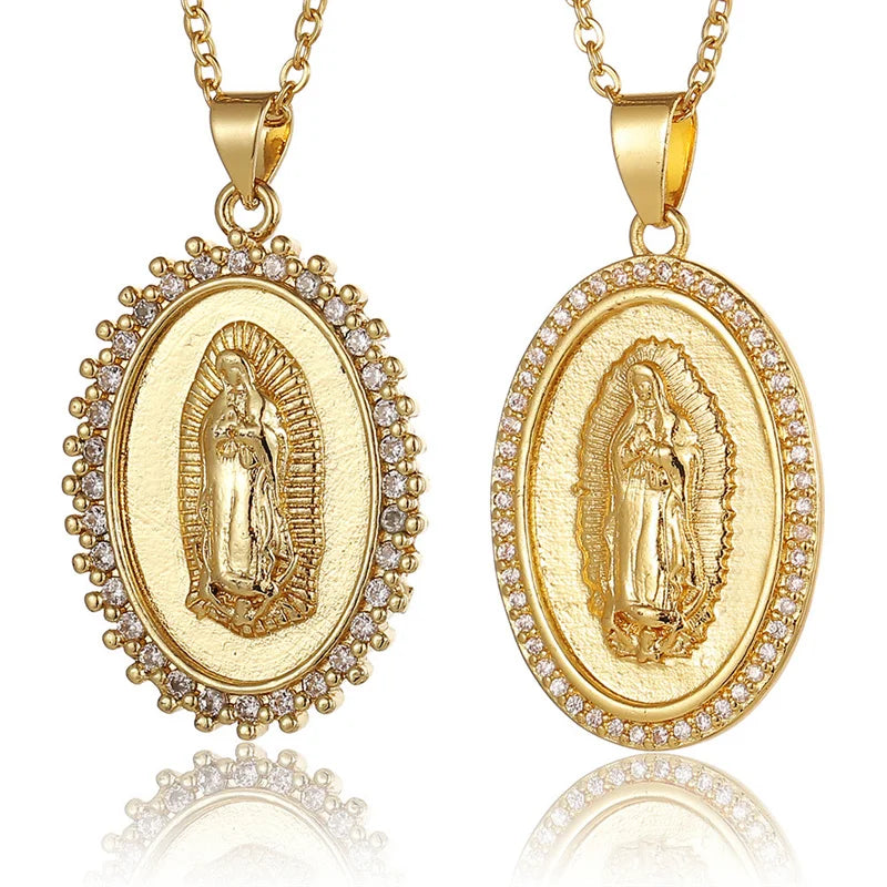 18K Gold Plated Cubic Zirconia Virgin Mary Coin Pendant Necklace - ATSProducts
