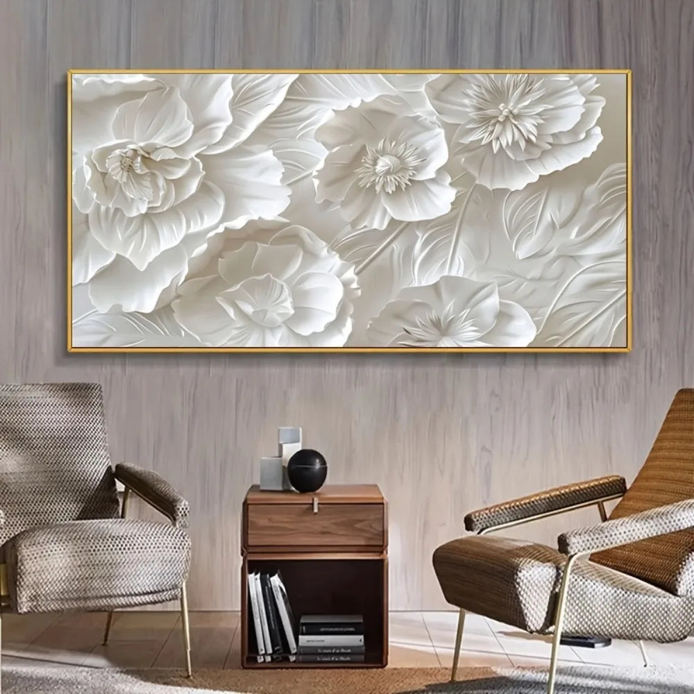 A frameless modern wall art piece depicting white flowers - ATSProducts