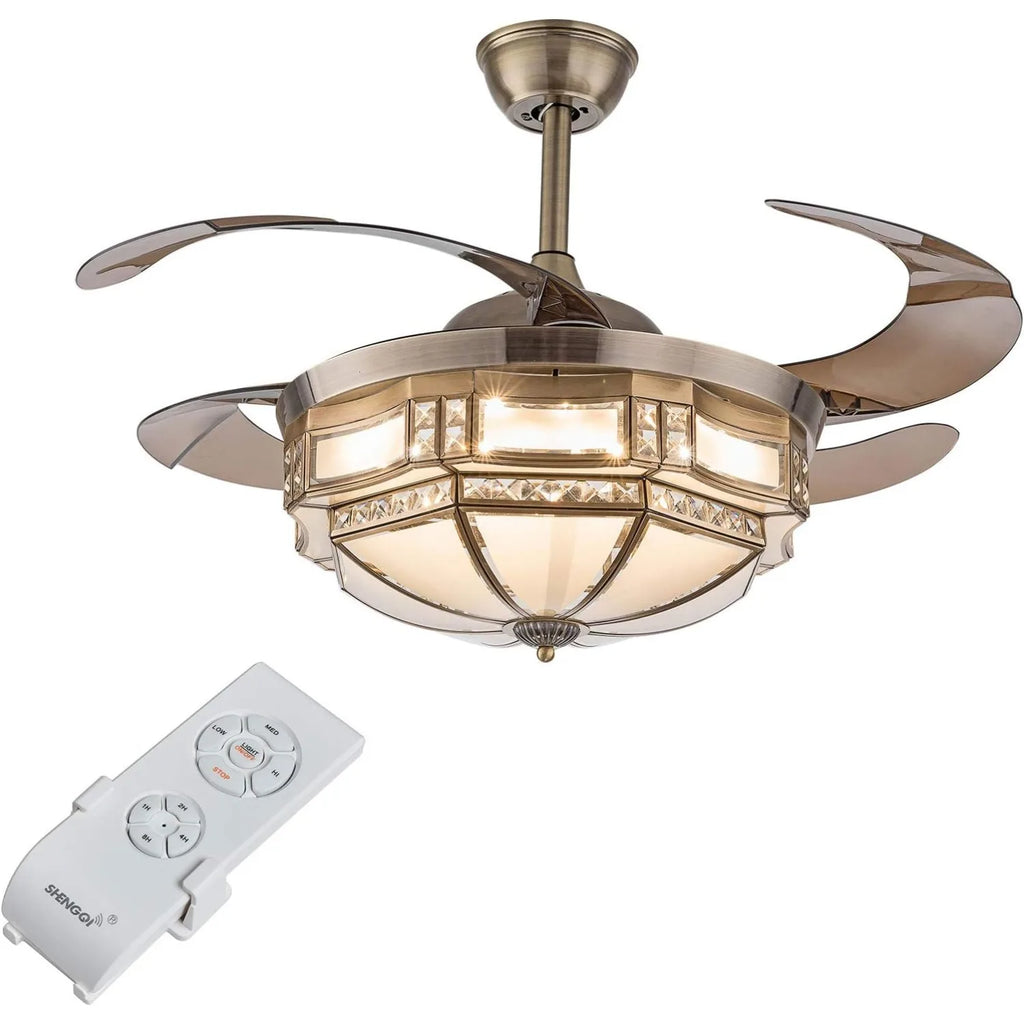 Tiffany Style Ceiling Fan With Light & Remote Indoor Dimmable with 4 Retractable Reverse Blades Silent Motor - ATSProducts