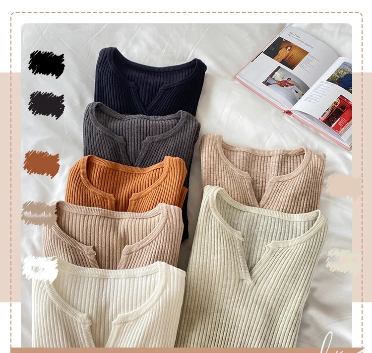 Aossviao Sweater Solid Rib Knit V Neck Shirt - ATSProducts