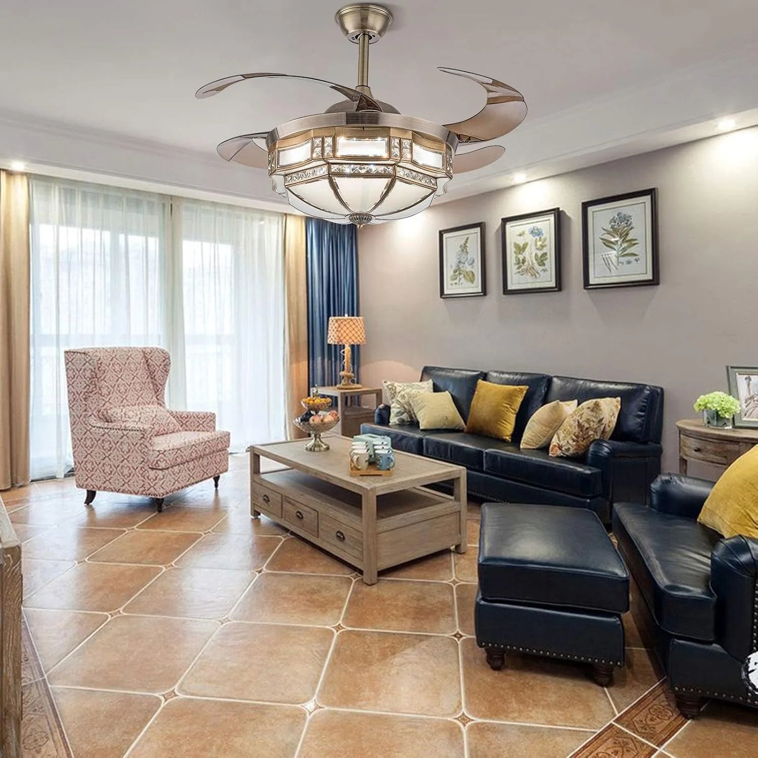 Tiffany Style Ceiling Fan With Light & Remote Indoor Dimmable with 4 Retractable Reverse Blades Silent Motor - ATSProducts