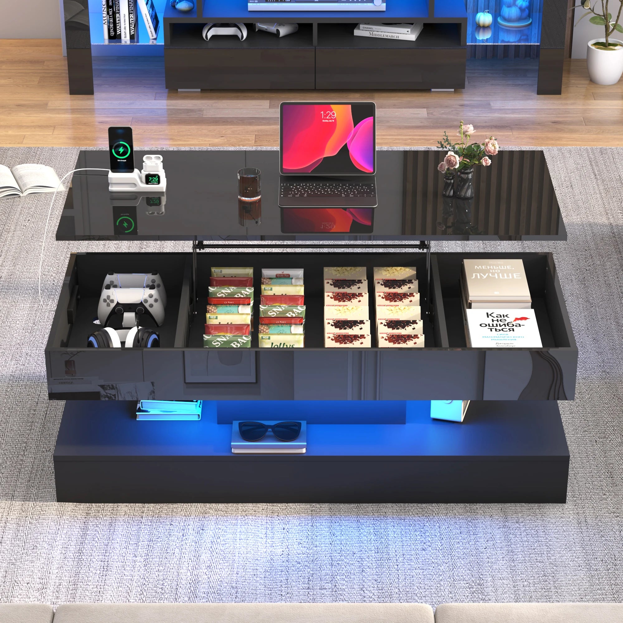 QiaoShiRen High Glossy LED Coffee Tables With Open Display Shelf & Large Storage Space - ATSProducts