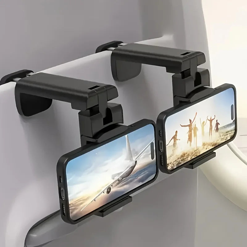 Two travel phone holders in use on a flight, demonstrating how the clip-on design attaches to a seat back to provide a hands-free entertainment experience for passengers.