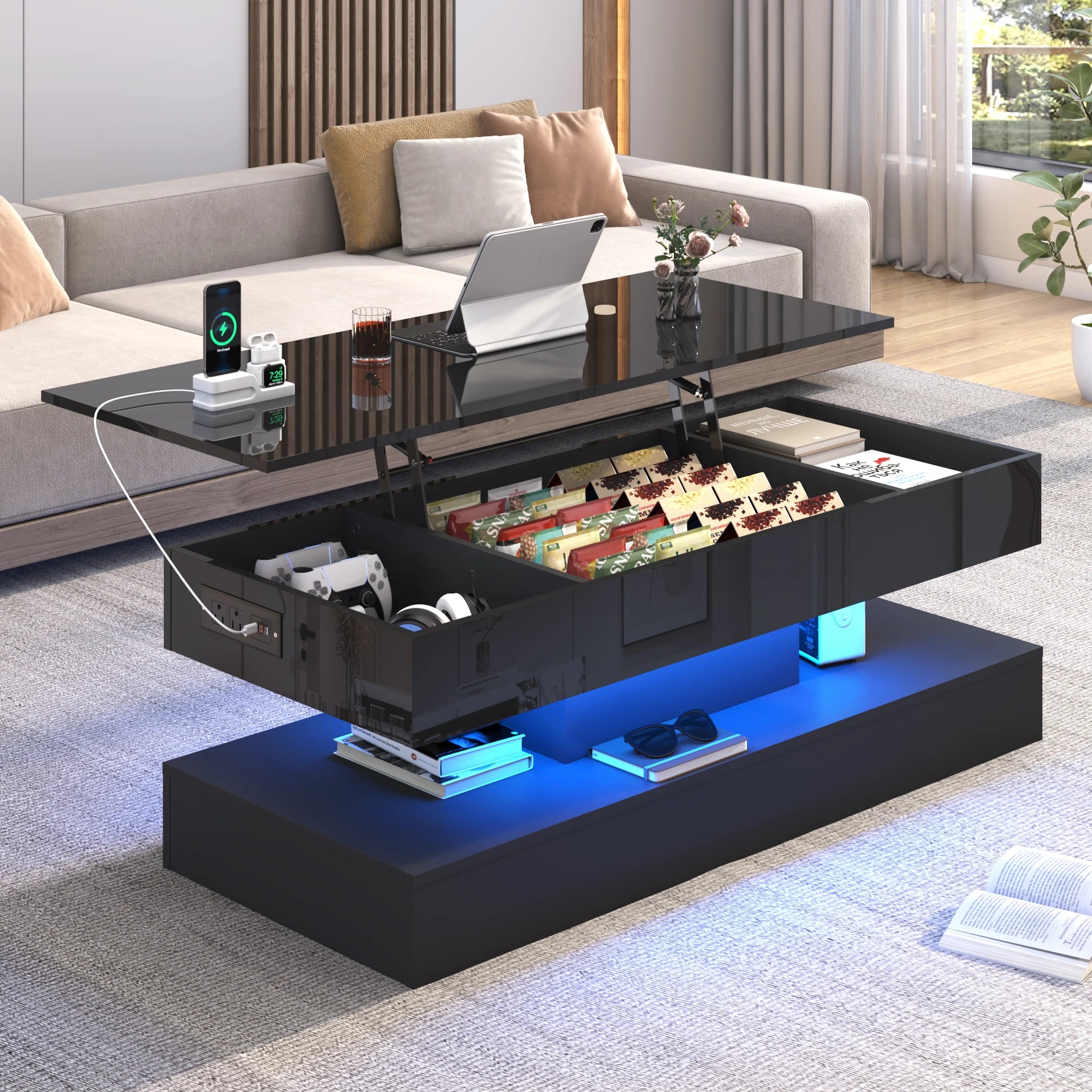 QiaoShiRen High Glossy LED Coffee Tables With Open Display Shelf & Large Storage Space - ATSProducts