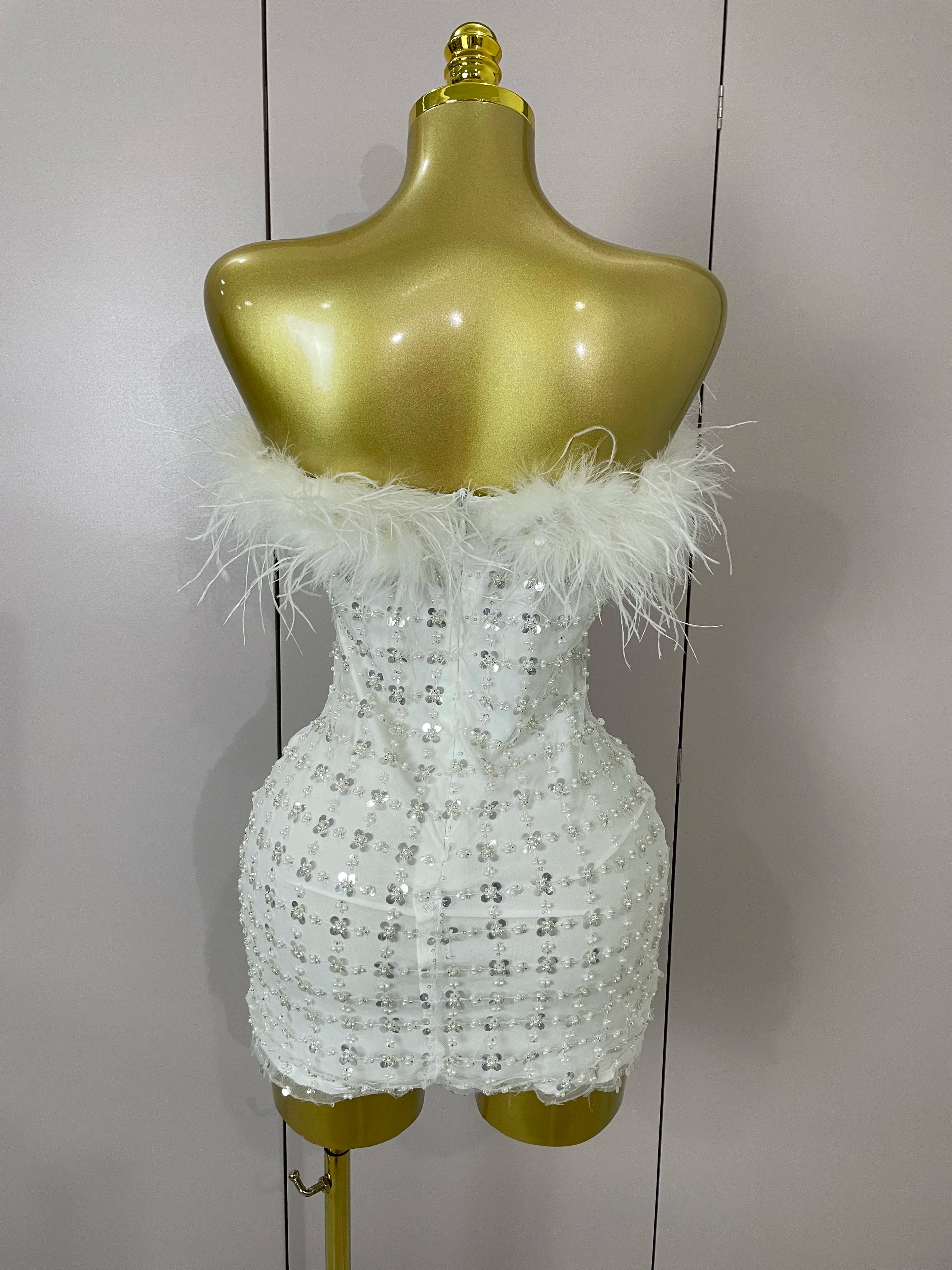 VIIZREL Feather Sequins Strapless Bodycon Mini Dress - ATSProducts
