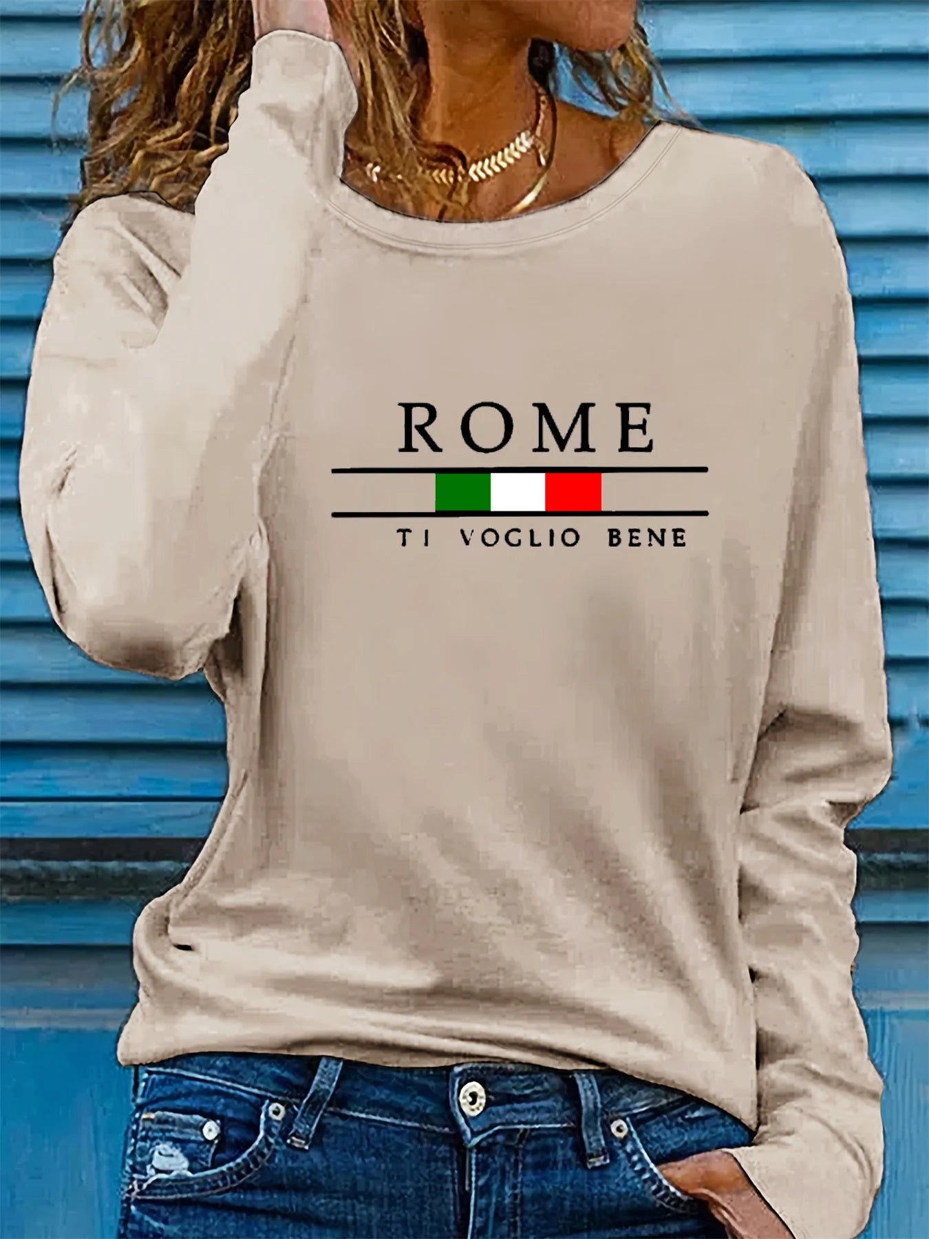100% Cotton Long Sleeve ROME Pattern Printed Round Neck T-shirt - ATSProducts