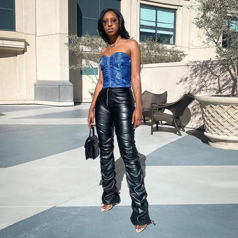 Women's High-Waist Faux Leather Stacked Pants - ATSProducts