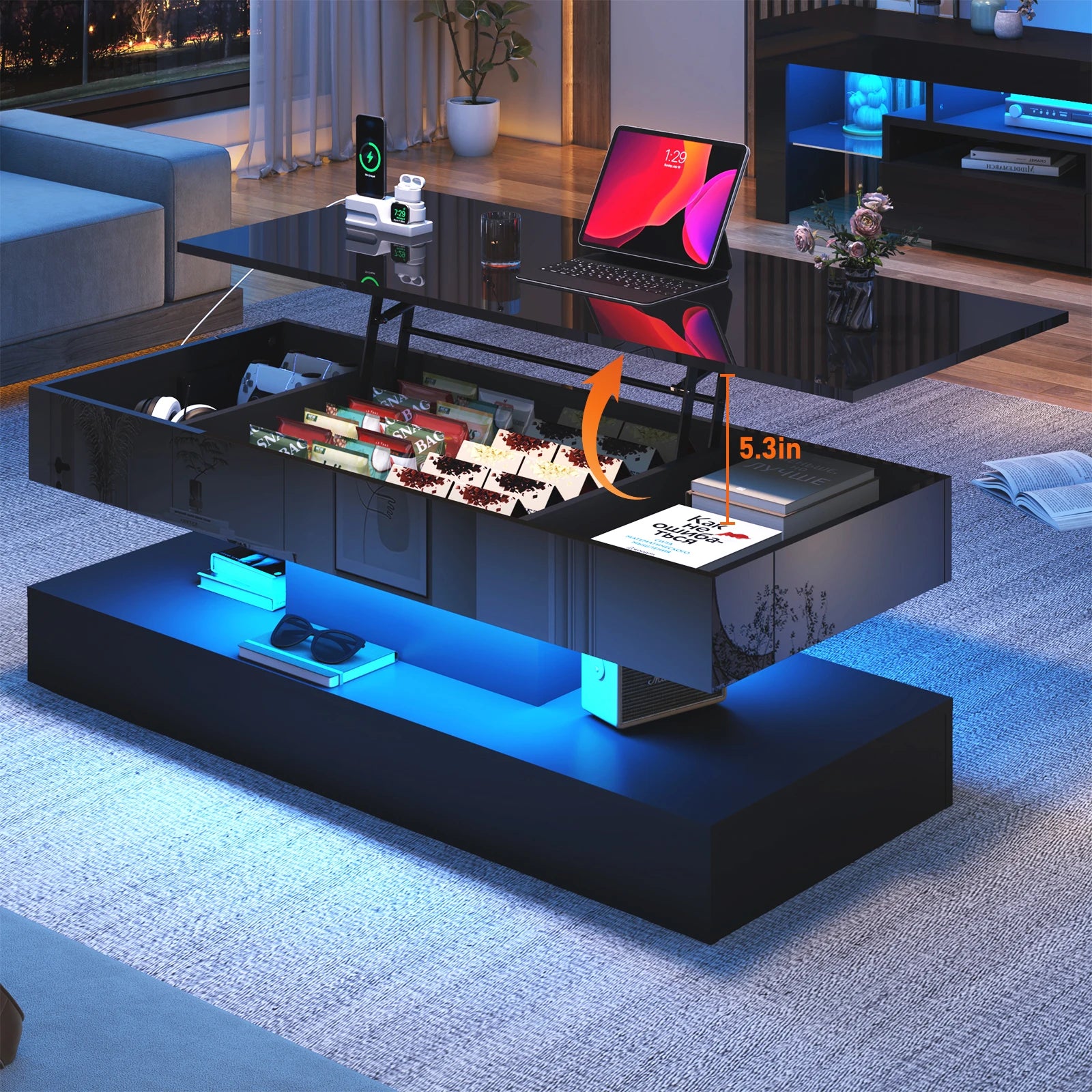 QiaoShiRen High Glossy LED Coffee Tables With Open Display Shelf & Large Storage Space - ATSProducts
