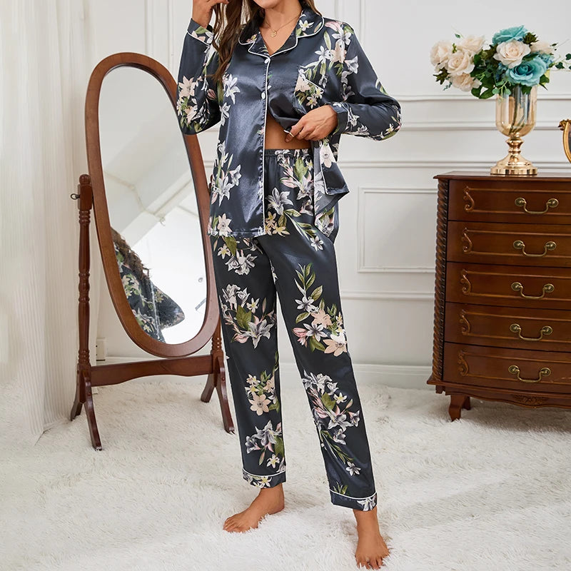Elegant Lily Print Silk Pajama Set - ATSProducts
