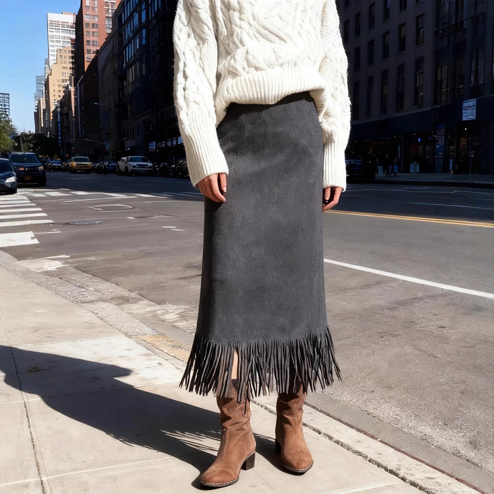 Fringed Long Suede Skirt - ATSProducts