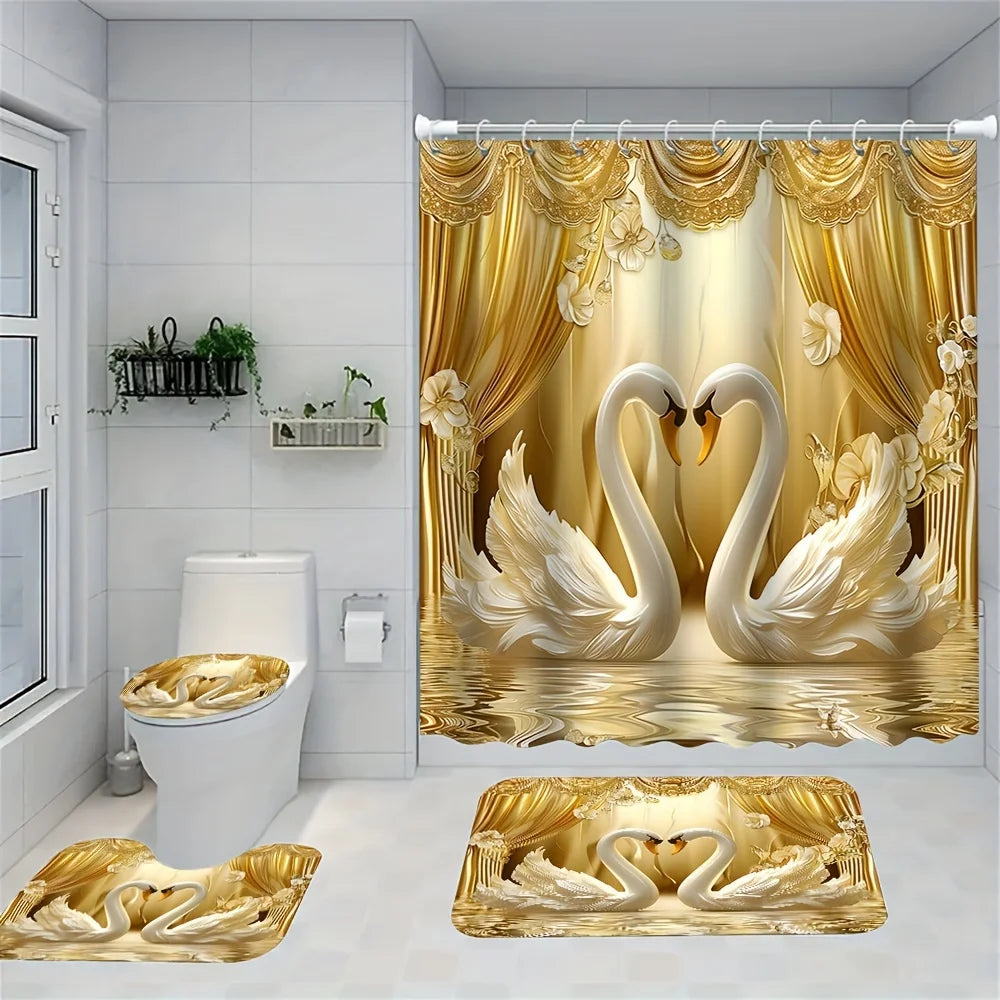 Luxurious Golden Swans and Curtains Bathroom Set - ATSProducts