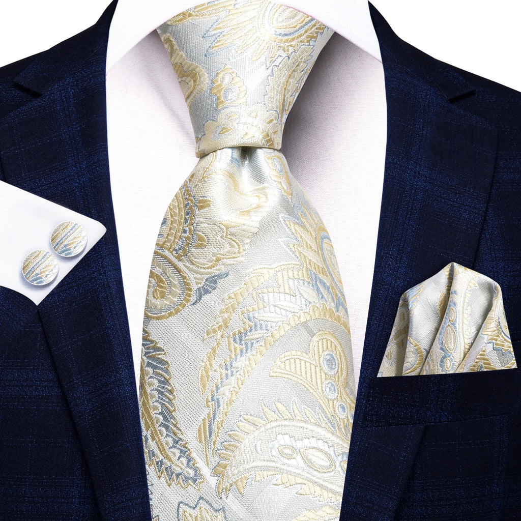 Hi-Tie Floral Champagne Ivory Mens Elegant Necktie - ATSProducts