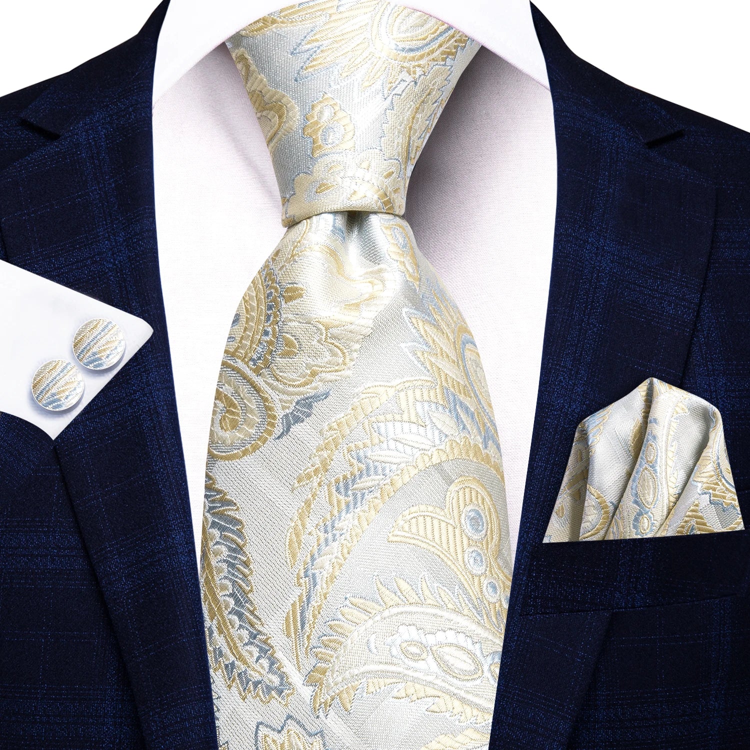 Hi-Tie Floral Champagne Ivory Mens Elegant Necktie - ATSProducts