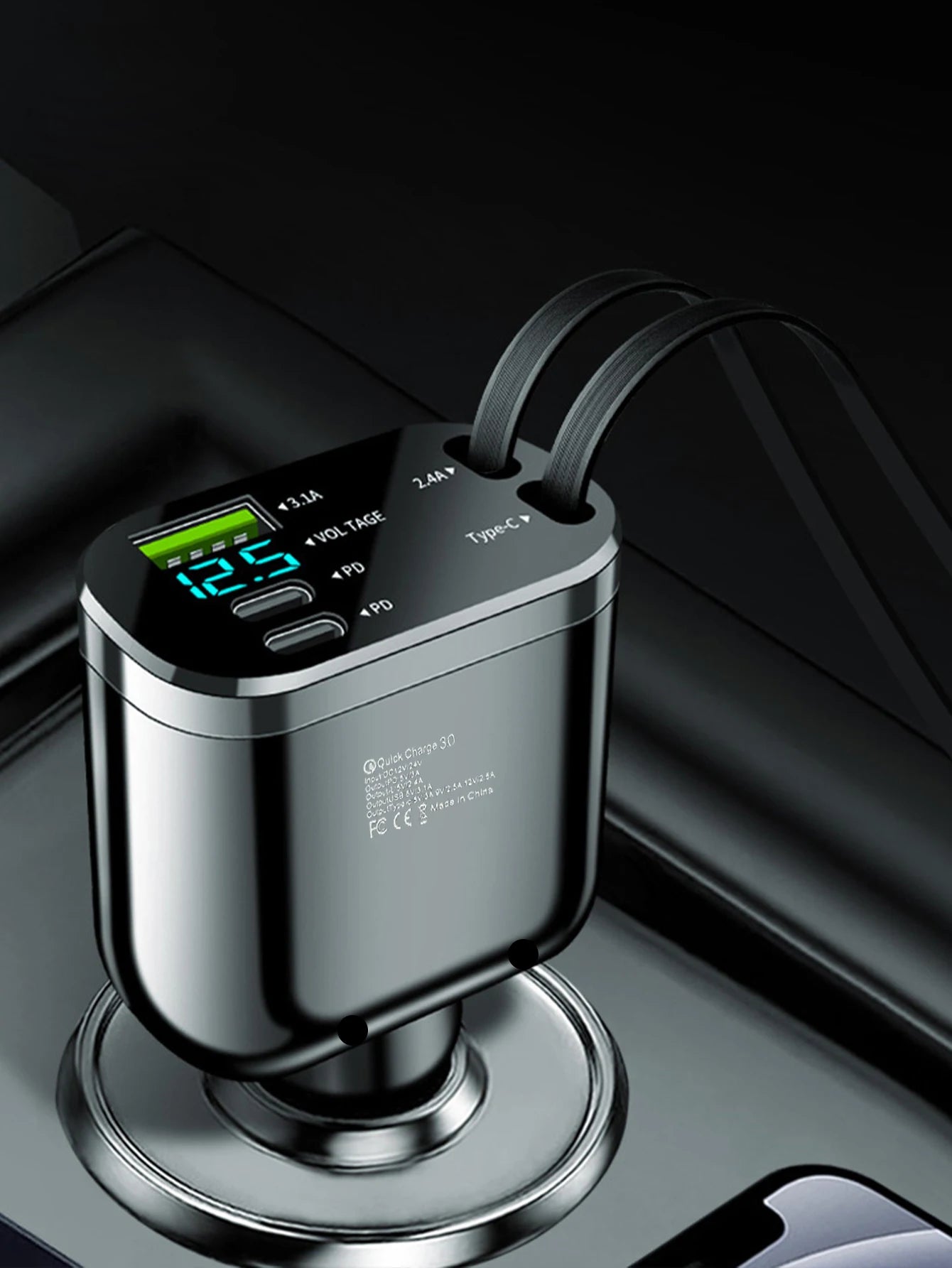 One-in-five Car Charger With Retractable cable, Built-In Retractable Cable