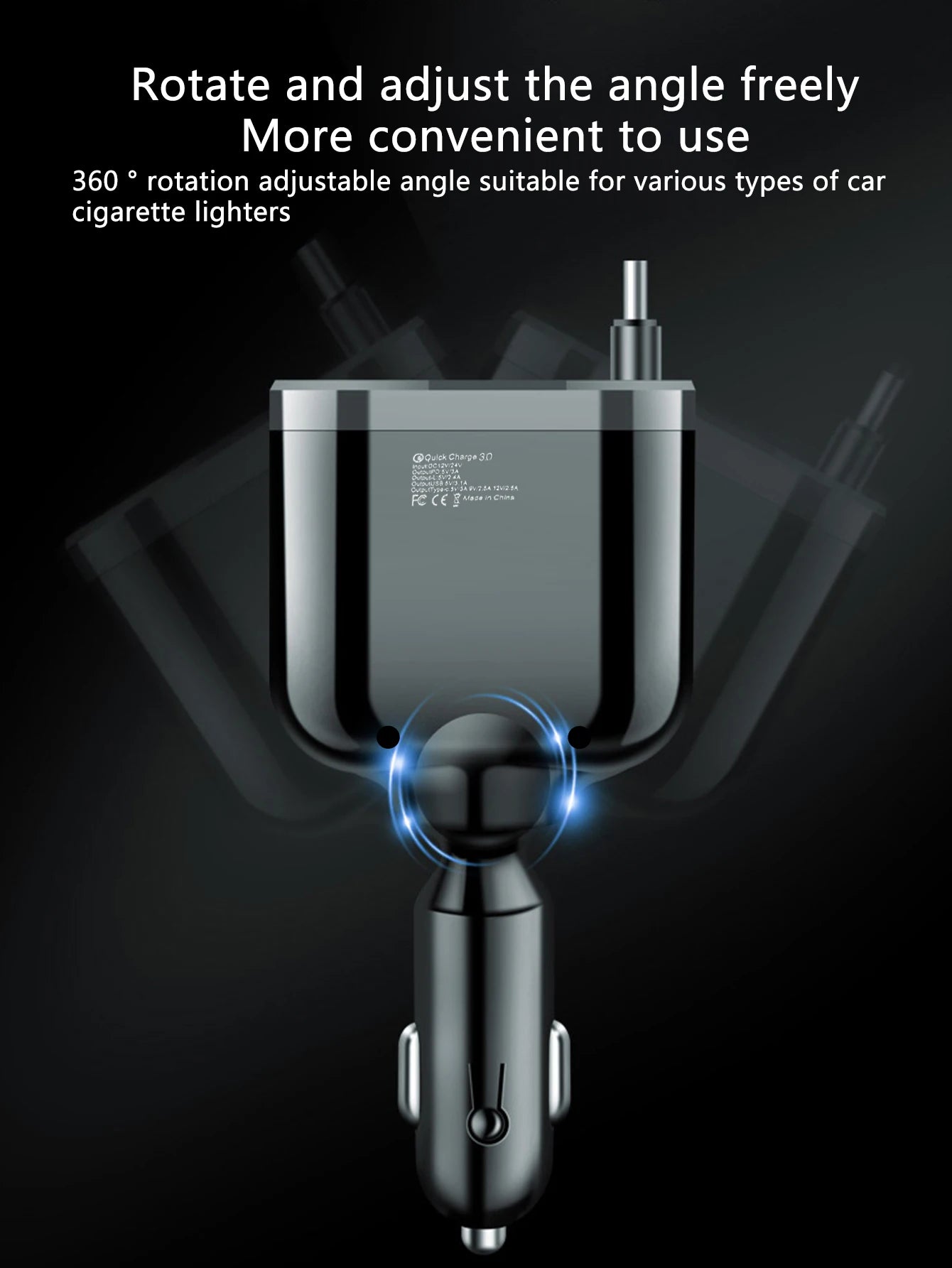 One-in-five Car Charger With Retractable cable, Built-In Retractable Cable