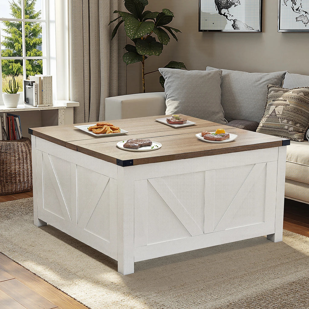 Redlife Farmhouse 34.6" Coffee Table w/ Storage Lift Top Square Ottoman with  Charging Station - ATSProducts