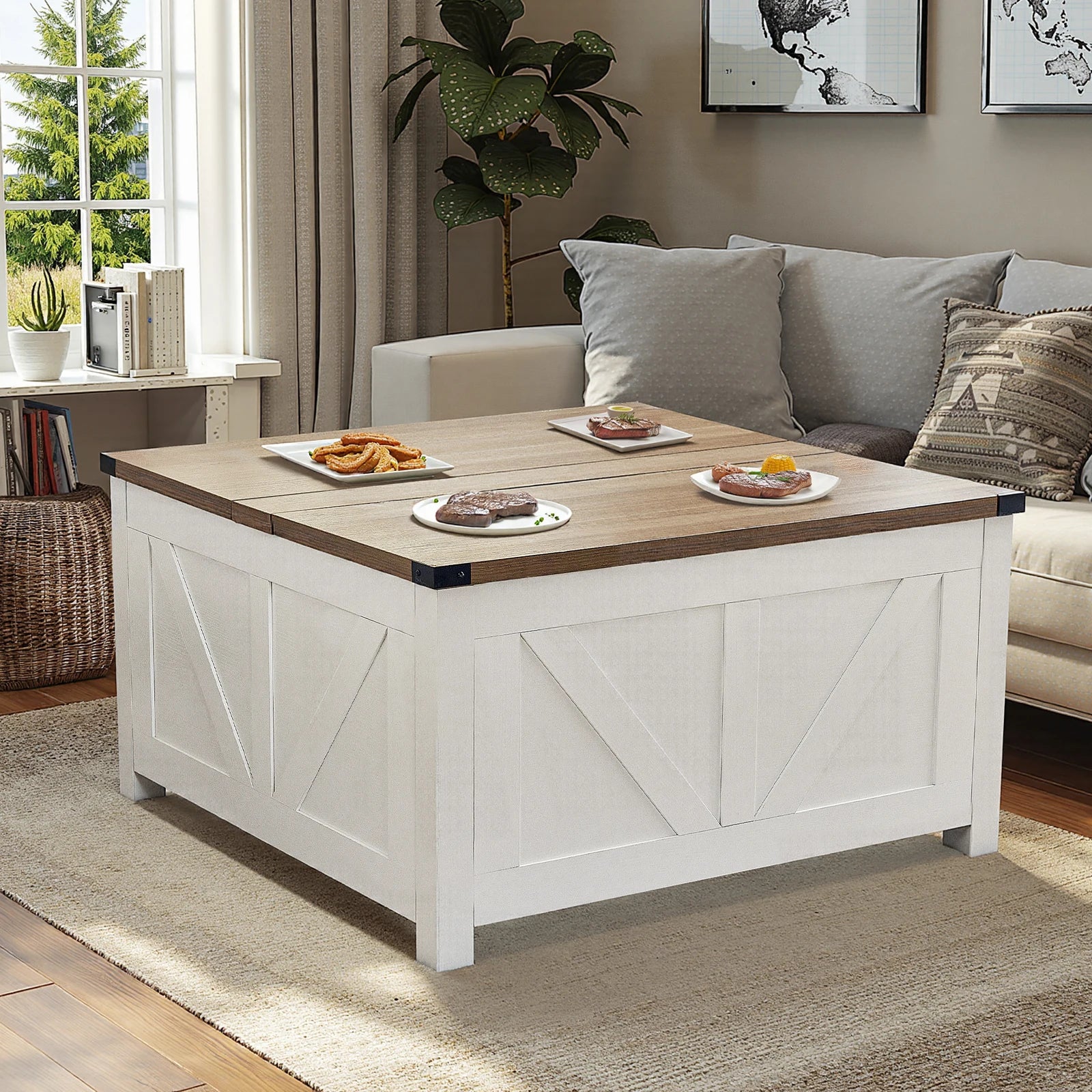 Redlife Farmhouse 34.6" Coffee Table w/ Storage Lift Top Square Ottoman with  Charging Station - ATSProducts