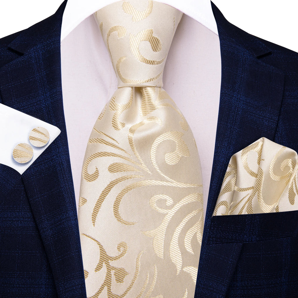 Hi-Tie Floral Champagne Ivory Mens Elegant Necktie - ATSProducts