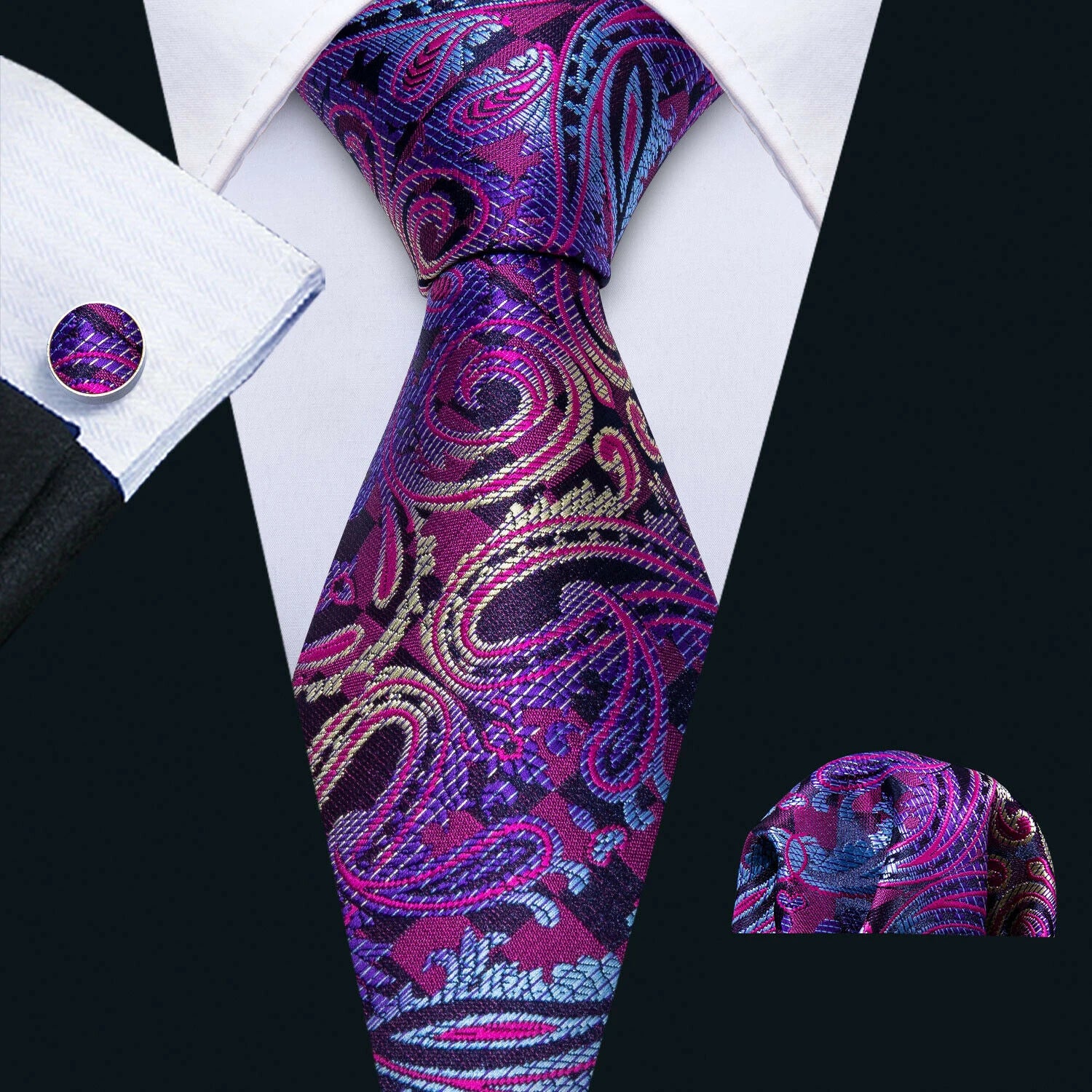Barry.Wang Necktie Gravat Handkerchief Cufflinks Set - ATSProducts