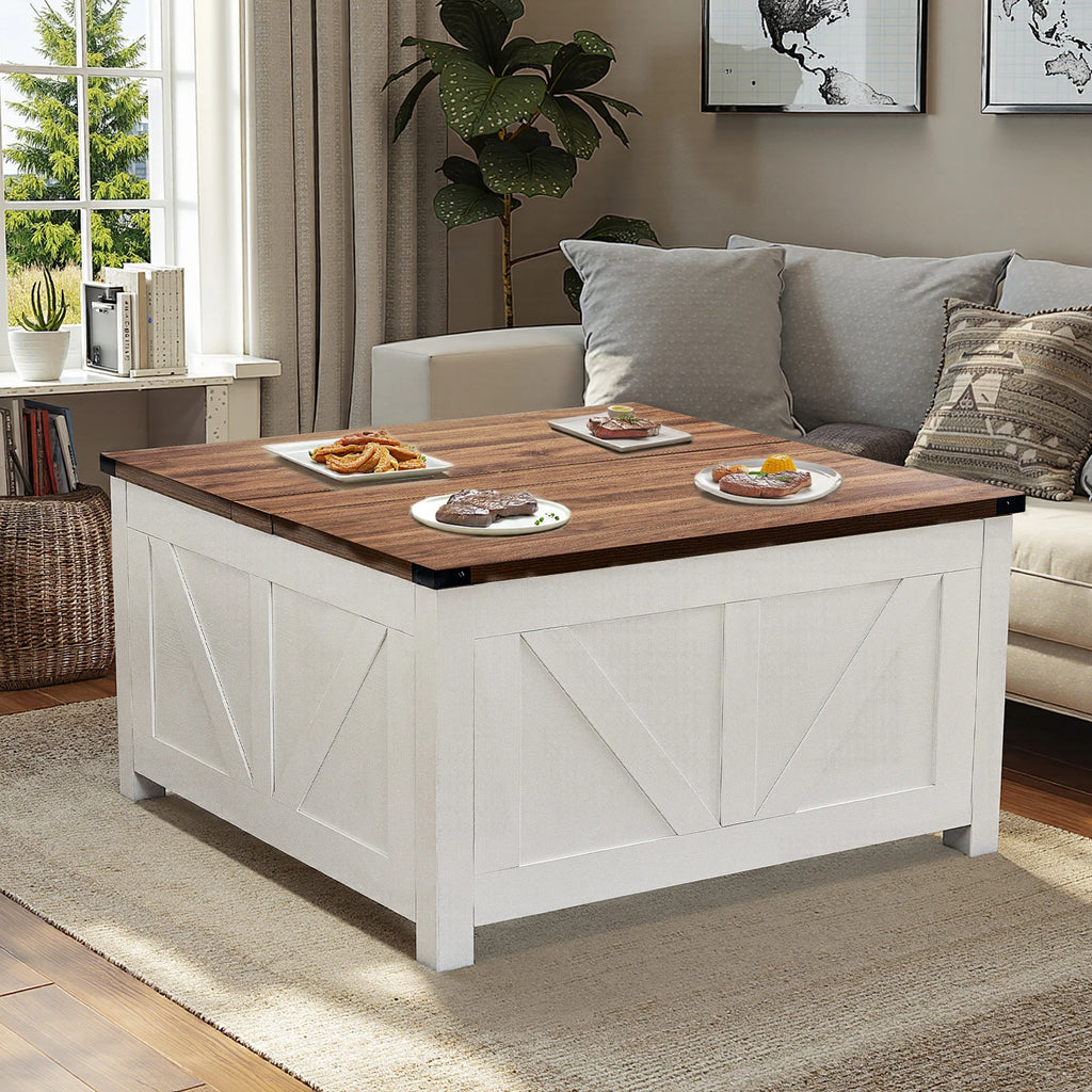 Redlife Farmhouse 34.6" Coffee Table w/ Storage Lift Top Square Ottoman with  Charging Station - ATSProducts