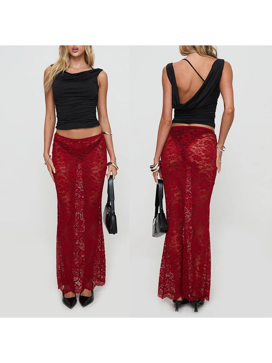 Hirigin Sheer Lace Floral Long Skirt - ATSProducts