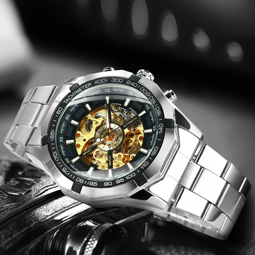 Skeleton Watch Luminous Hands Mechanical Watches Stainless Steel - ATSProducts
