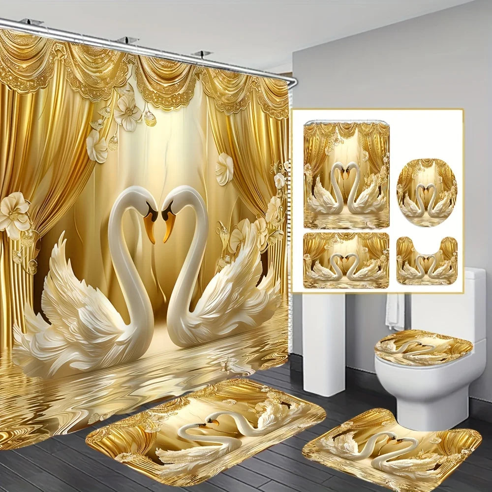 Luxurious Golden Swans and Curtains Bathroom Set - ATSProducts