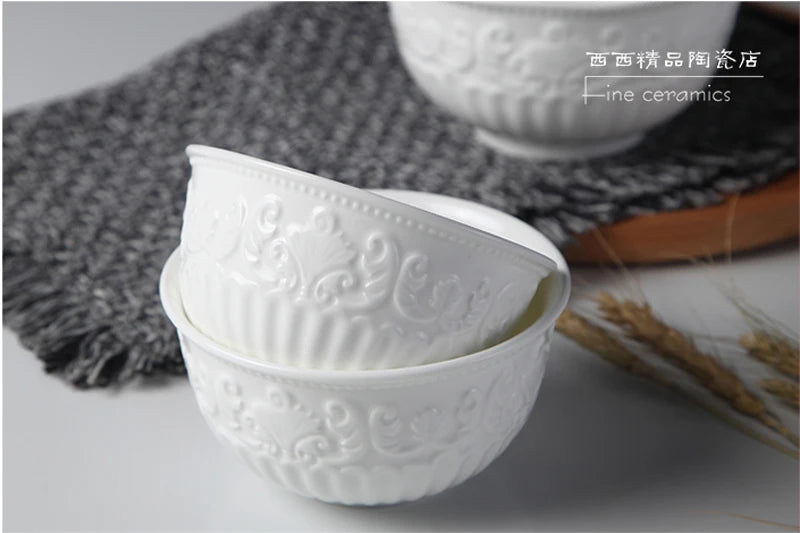 4/5/6inch, white embossed porcelain salad bowls - ATSProducts
