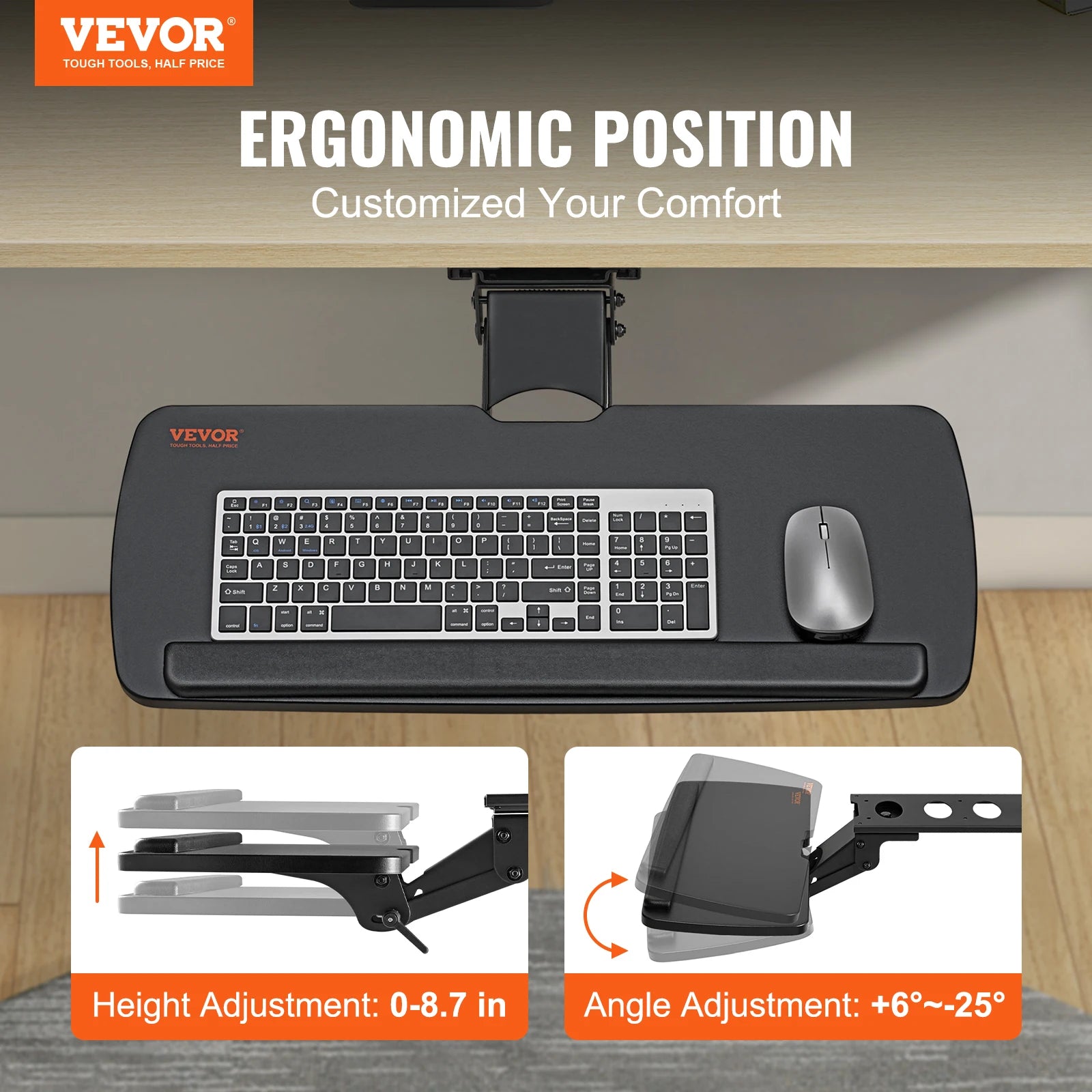 VEVOR Keyboard Tray under Desk Adjustable Height and Angle - ATSProducts