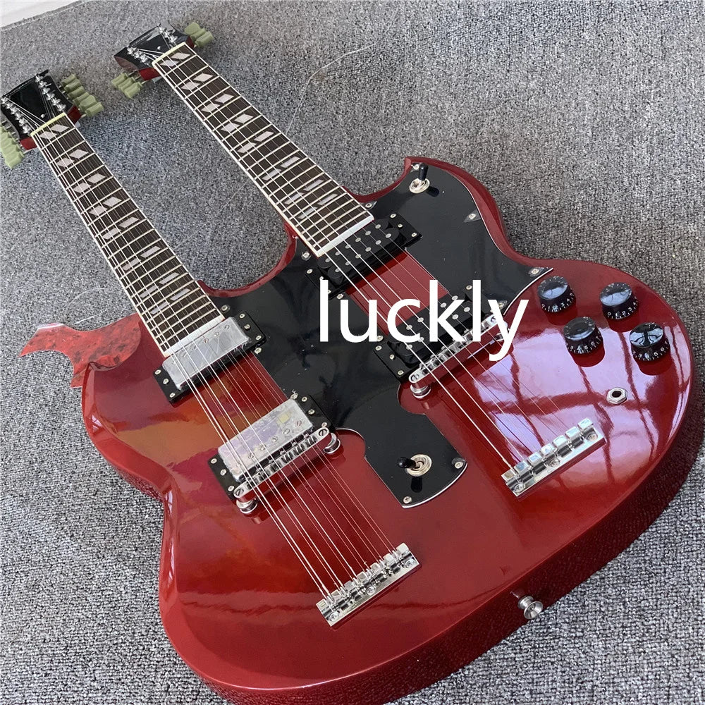 Custom Electric Guitar Dark Red JimmyPage Double Neck 12 strings - ATSProducts