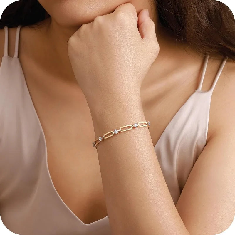 14K Gold Plated  Cubic Zirconia Paperclip Chain Bracelet - ATSProducts