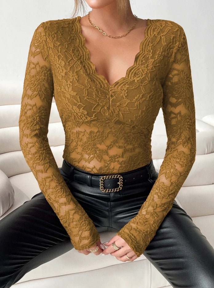Eaeovni Embroidered Lace V-Neck Shirt - ATSProducts