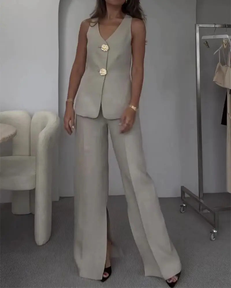 Owner Girl V-neck Sleeveless Pant Suit With Slit - ATSProducts