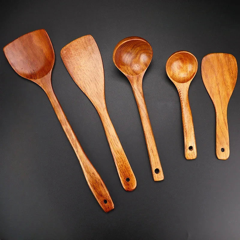5-Piece Wooden Cooking Utensils Set – Non-Stick Kitchen Tools with Spoons & Spatulas, Heat-Resistant Cookware for Daily Use - ATSProducts