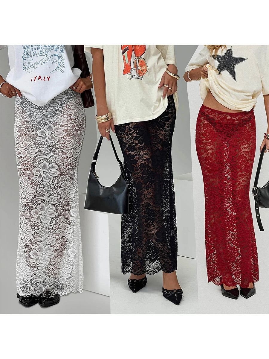 Hirigin Sheer Lace Floral Long Skirt - ATSProducts