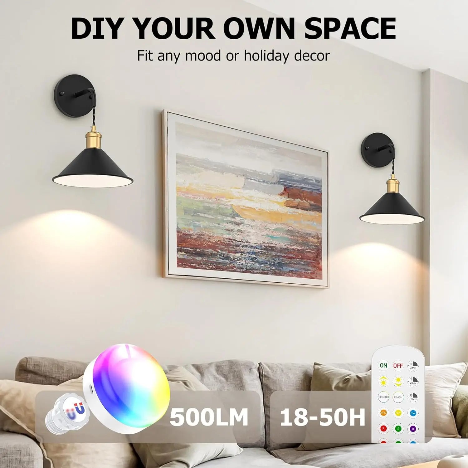 Wall Sconce Set of 2 5000mAh Rechargeable High Brightness 3 Colors With Remote - ATSProducts