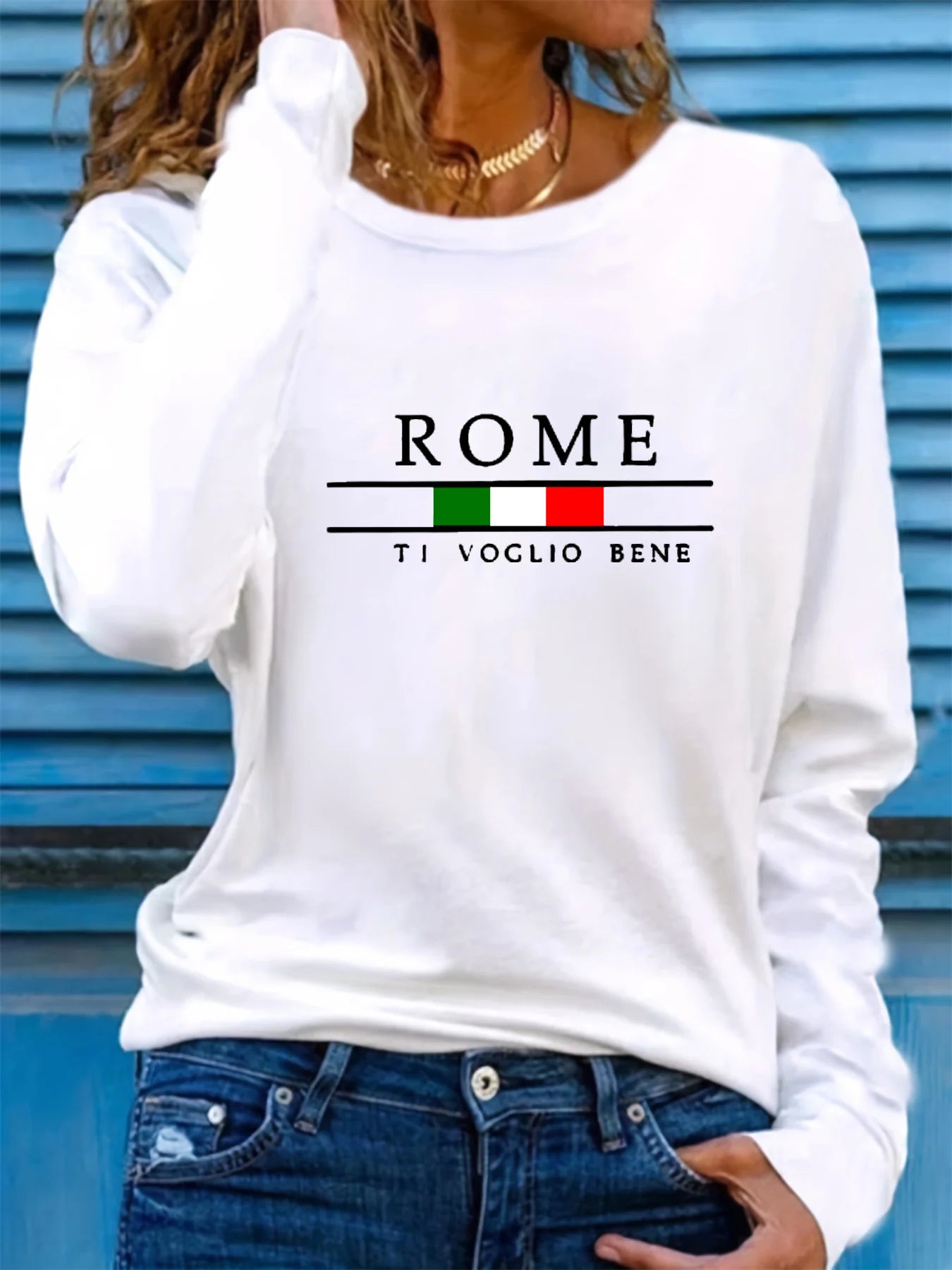 100% Cotton Long Sleeve ROME Pattern Printed Round Neck T-shirt - ATSProducts
