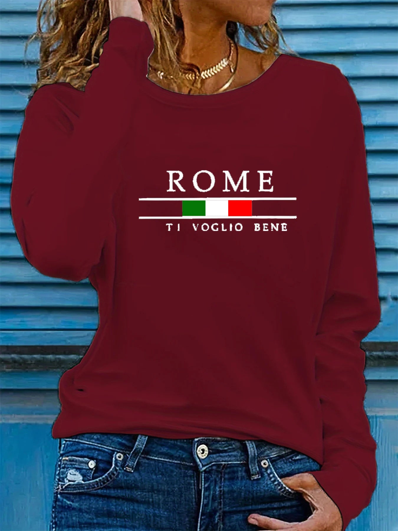 100% Cotton Long Sleeve ROME Pattern Printed Round Neck T-shirt - ATSProducts