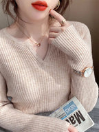 Aossviao Sweater Solid Rib Knit V Neck Shirt - ATSProducts