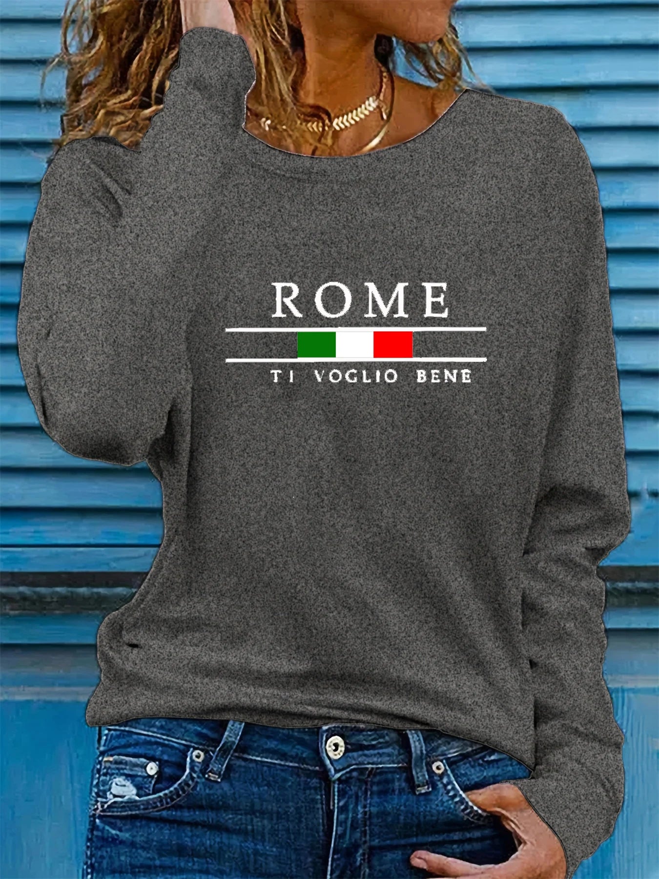 100% Cotton Long Sleeve ROME Pattern Printed Round Neck T-shirt - ATSProducts