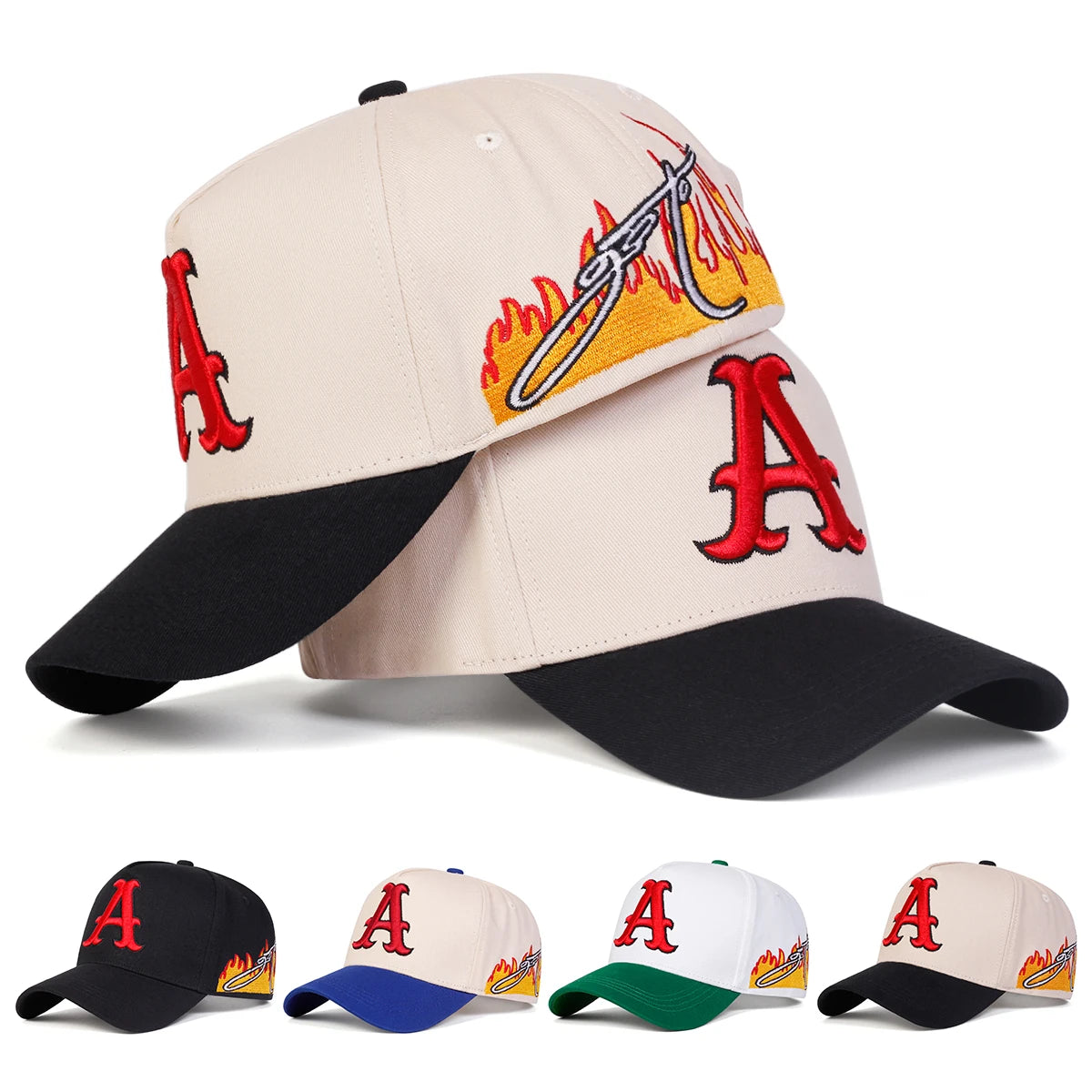 A Letter Embroidered Side Flame Baseball Caps - ATSProducts