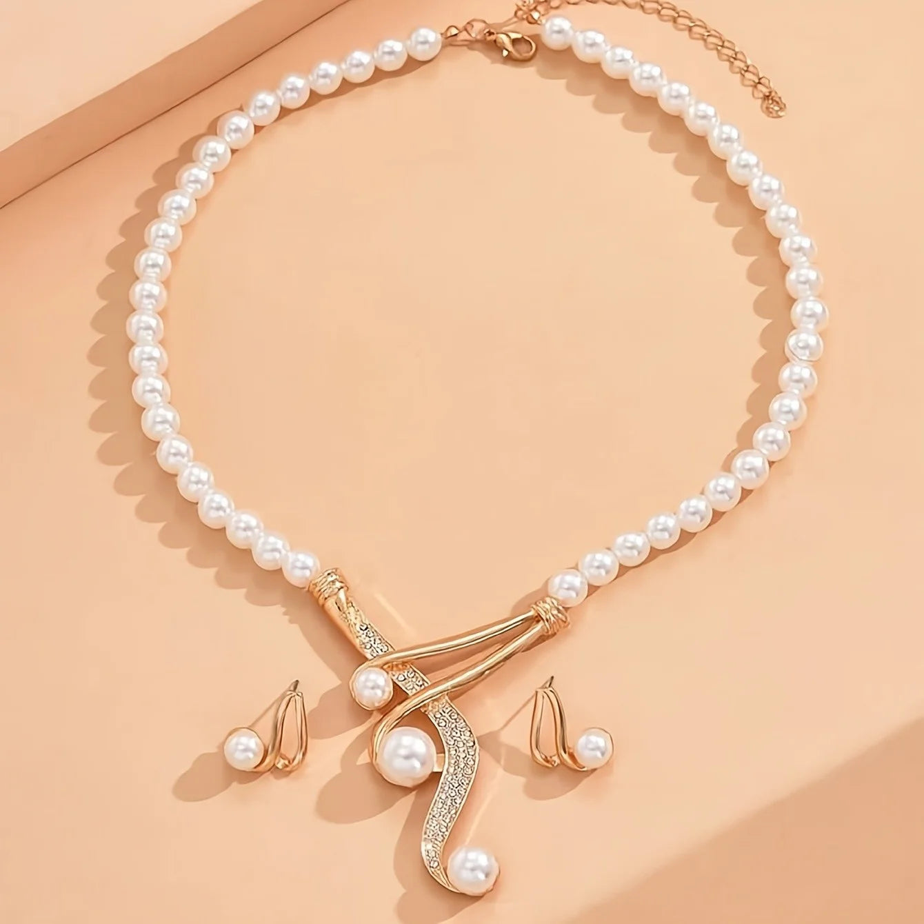 Faux Pearl Necklace & Geometric Pearl Earrings Set - ATSProducts