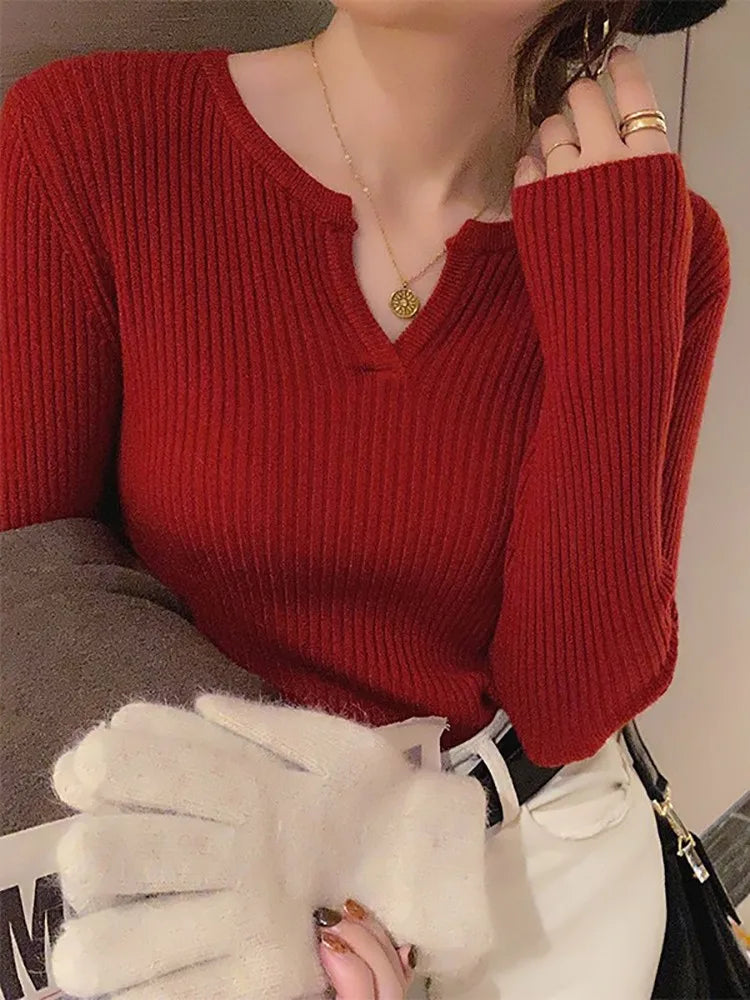 Aossviao Sweater Solid Rib Knit V Neck Shirt - ATSProducts