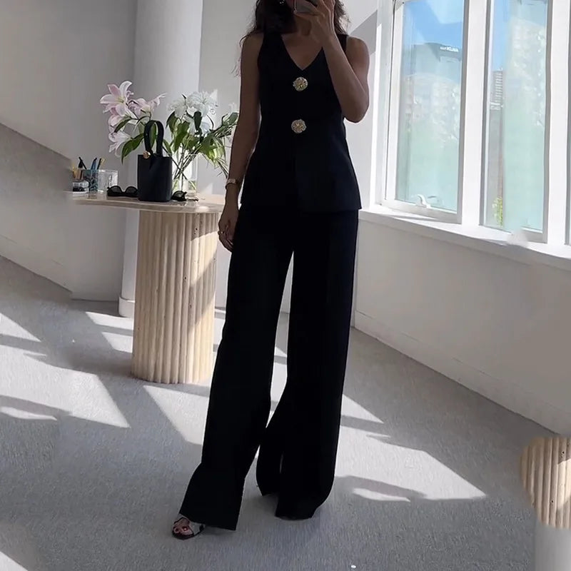 Owner Girl V-neck Sleeveless Pant Suit With Slit - ATSProducts
