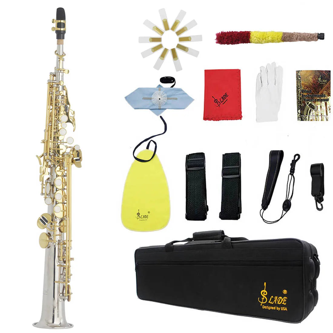 SLADE Soprano Saxophone B Flat With Case Mouthpiece Cleaning Cloth Gloves Accessories - ATSProducts