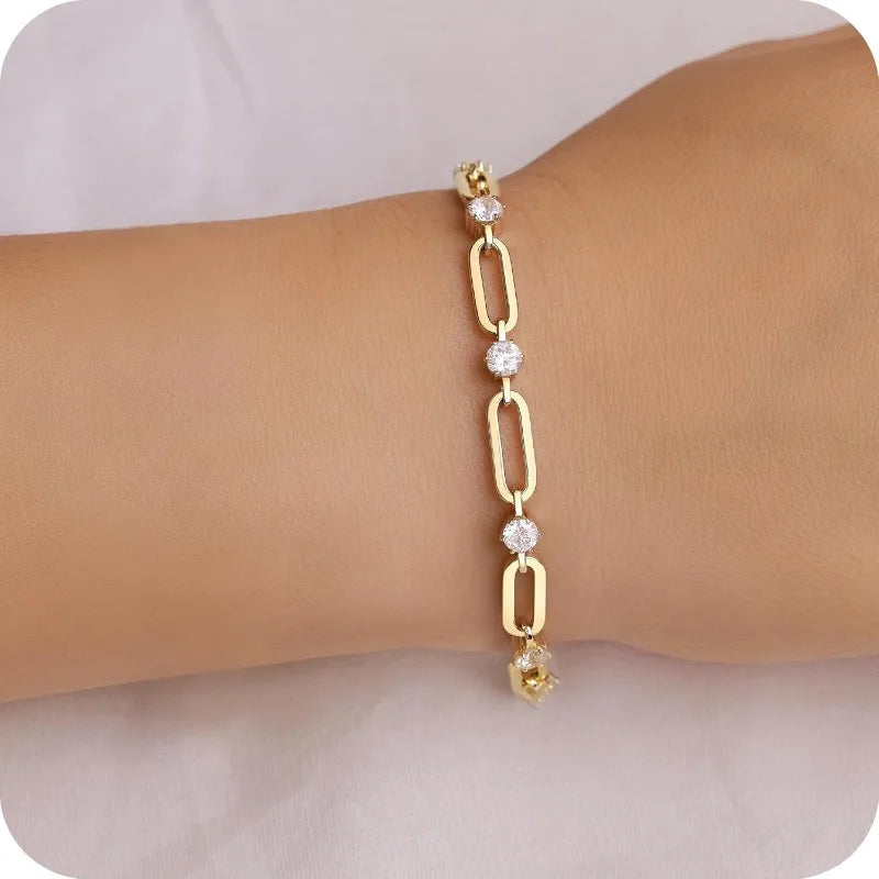 14K Gold Plated  Cubic Zirconia Paperclip Chain Bracelet - ATSProducts