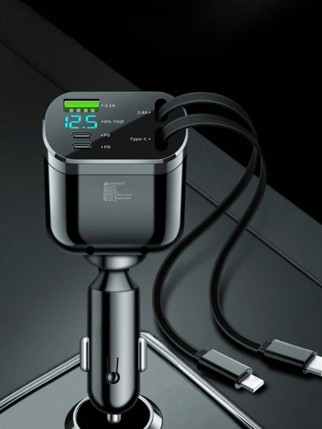 One-in-five Car Charger With Retractable cable, Built-In Retractable Cable