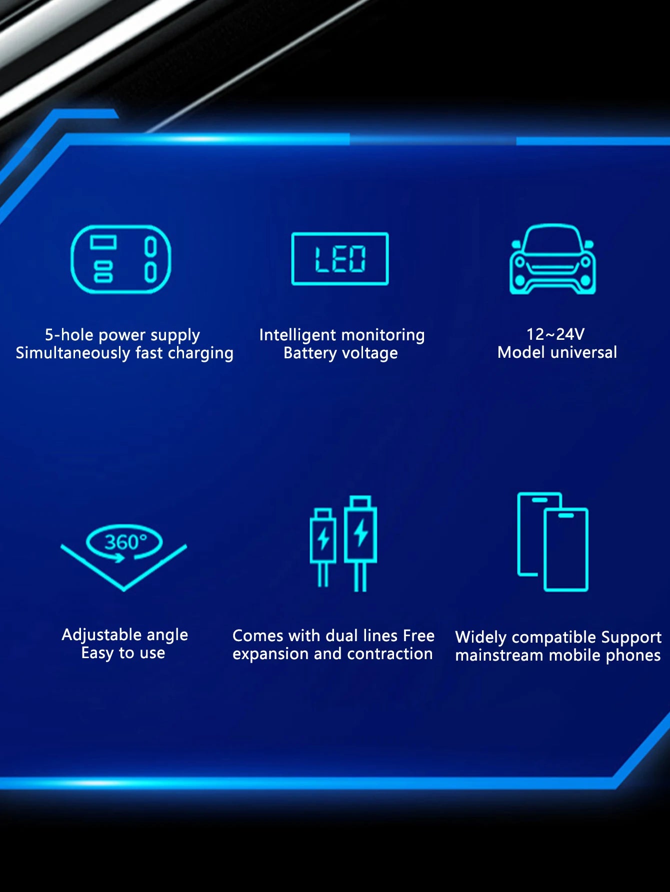 One-in-five Car Charger With Retractable cable, Built-In Retractable Cable