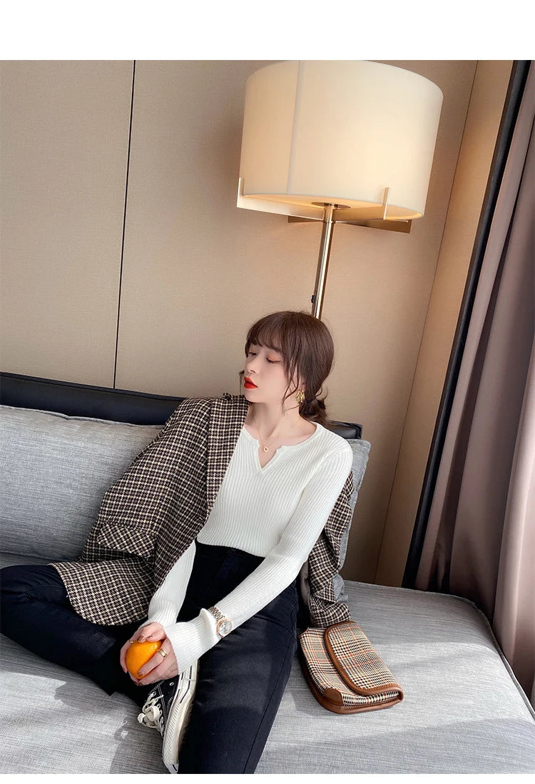 Aossviao Sweater Solid Rib Knit V Neck Shirt - ATSProducts